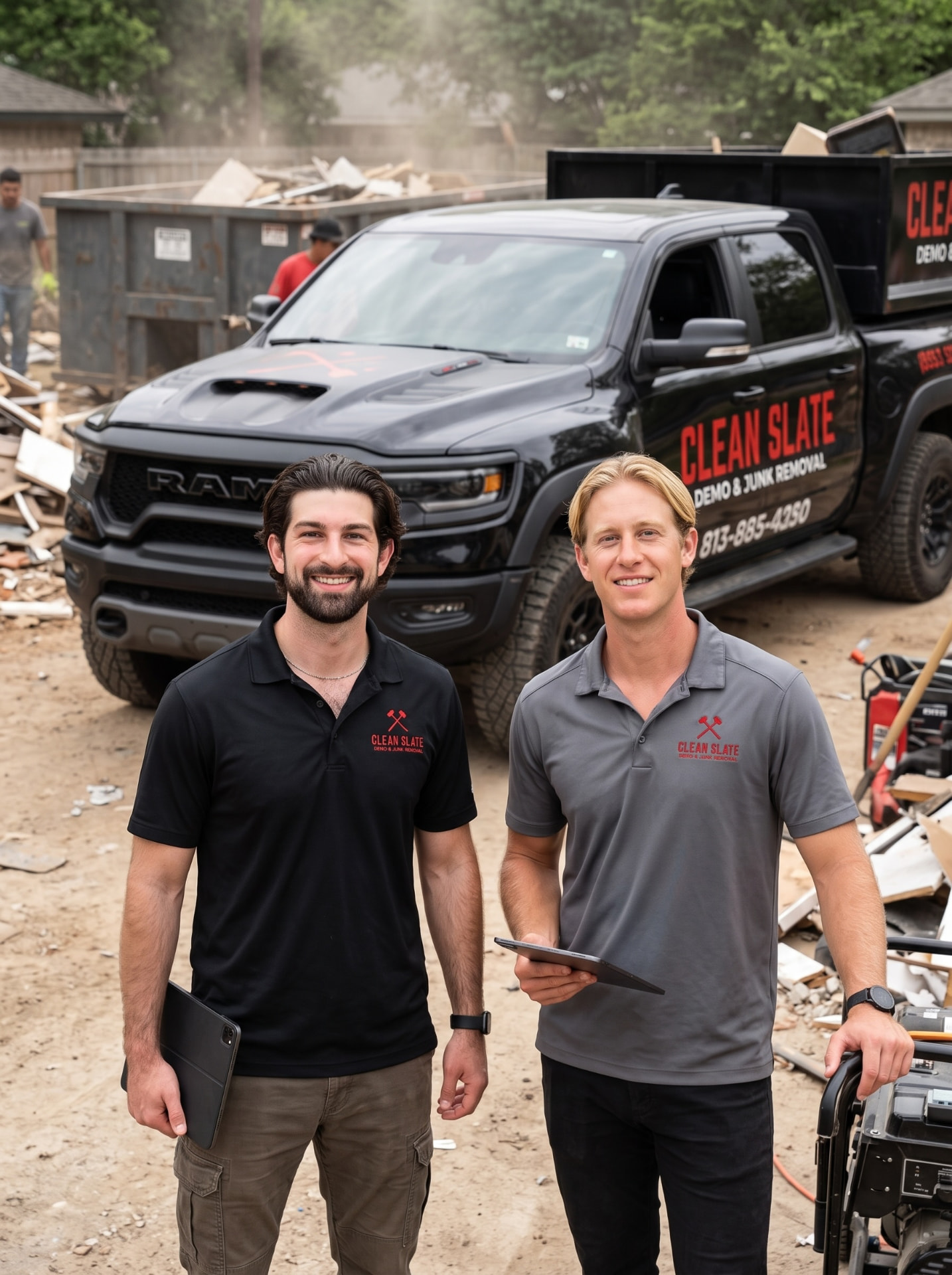 Two Clean Slate founders in branded shirts in front of their truck at a South Florida job site